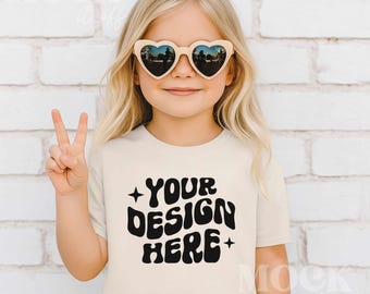 Summer Girl Mockup, Natural Bella Canvas 3001Y TShirt Mockup, Children's Natural Tshirt, Young Girl Mockup, Trendy Boho Outside Kid Model