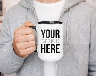 Male Mockup, 15 oz Black Accent Mug Mock, White Mug with Black Handle, Coffee Mug Ceramic with Guy Mock, Manly Mug Indoor Lifestyle Mockup