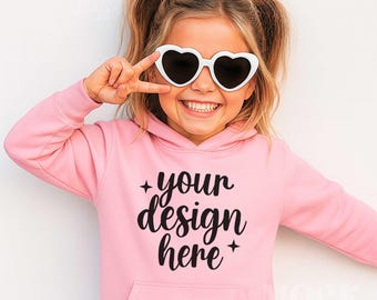 Girls Light Pink Gildan Youth Hooded Sweatshirt Mockup, Light Pink Gildan 18500B Hoodie Mockup, Cool Girl Hoodie Children's Mockup