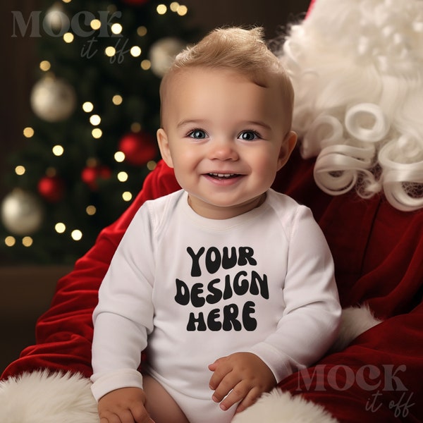 Christmas Baby Mockup, Santa White Rabbit Skins 4411 Mockup, Infant Long Sleeve Bodysuit, White Bodysuit Baby Model 4411 Onepiece Longsleeve