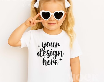 Mädchen Mockup, Weiß Komfort Farben 9018 Jugend Mittelgewicht Kinder T-Shirt Mockup, Kinder T-Shirt Mockup Trendy Boho, Cool Kinder Mockup