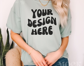 Bay Shirt Mockup, Comfort Colors 1717 Tshirt Mockup, Female Model Bay Comfort Colors, Boho Chic Greenery Lifestyle, Womens Bay C1717 Mockup