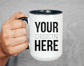 Male Mockup, 15 oz Black Accent Mug Mock, White Mug with Black Handle, Coffee Mug Ceramic with Guy Mock, Manly Mug Indoor Lifestyle Mockup