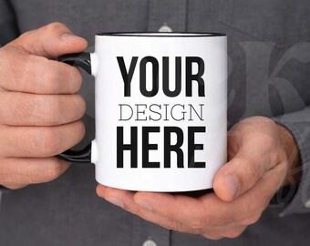 Male Mockup, 11 oz Black Accent Mug Mock, White Mug with Black Handle, Coffee Mug Ceramic with Guy Mock, Manly Mug Indoor Lifestyle Mockup