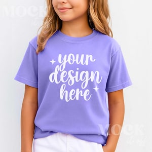 Kids Mockup, Violet Comfort Colors 9018 Youth Midweight Tee Mockup, Children's Violet Purple T-shirt Mockup Trendy, Outside Summer Kids Mock