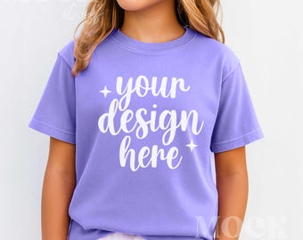 Kids Mockup, Violet Comfort Colors 9018 Youth Midweight Tee Mockup, Children's Violet Purple T-shirt Mockup Trendy, Outside Summer Kids Mock