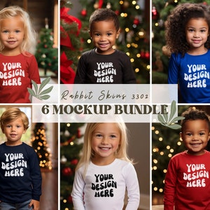 Toddler Christmas Mockup Bundle, Red White Black Rabbit Skins 3302 Toddler Long Sleeve Tee Mockup, Boy Girl Toddler Christmas Tree Mockup