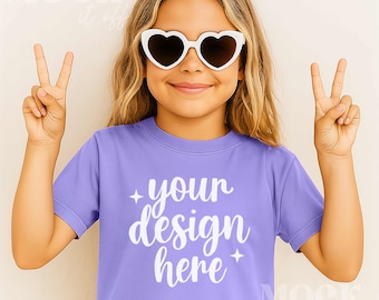 Kids Mockup, Violet Comfort Colors 9018 Youth Midweight Tee Mockup, Children's Violet Purple T-shirt Mockup Trendy, Outside Summer Kids Mock