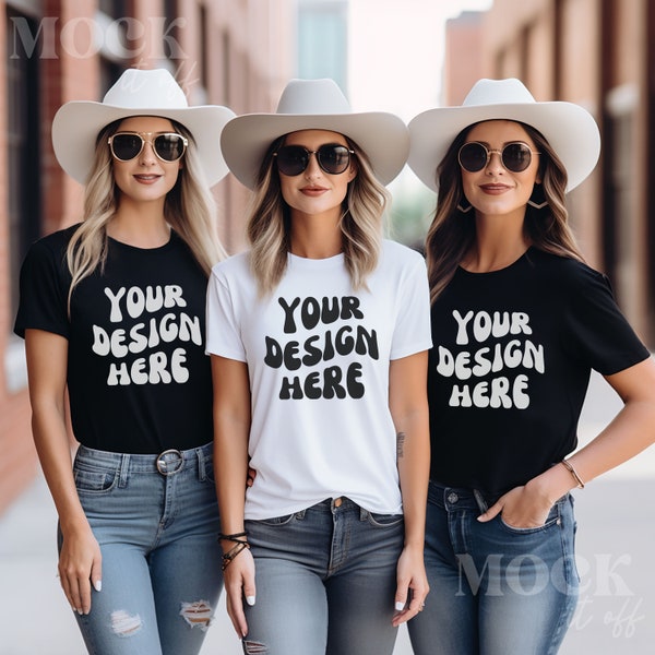 White and Black Shirt Mockup, Western Group Mockup, Bella Canvas 3001 TShirt, Nashville Cowgirl Hats, Bridal Party Bachelorette Group Mockup