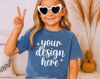 Kids Boho Mockup, Blue Jean Comfort Colors 9018 Youth Midweight Tee Mockup, Children's Blue Jean T-shirt Mockup Trendy, Girls Mockup