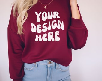 Maroon Gildan 18000 Sweatshirt Mockup, Women's Maroon Sweatshirt Mockup, Gildan Crewneck, Boho Chic Indoor Aesthetic, Trendy Maroon Mockup