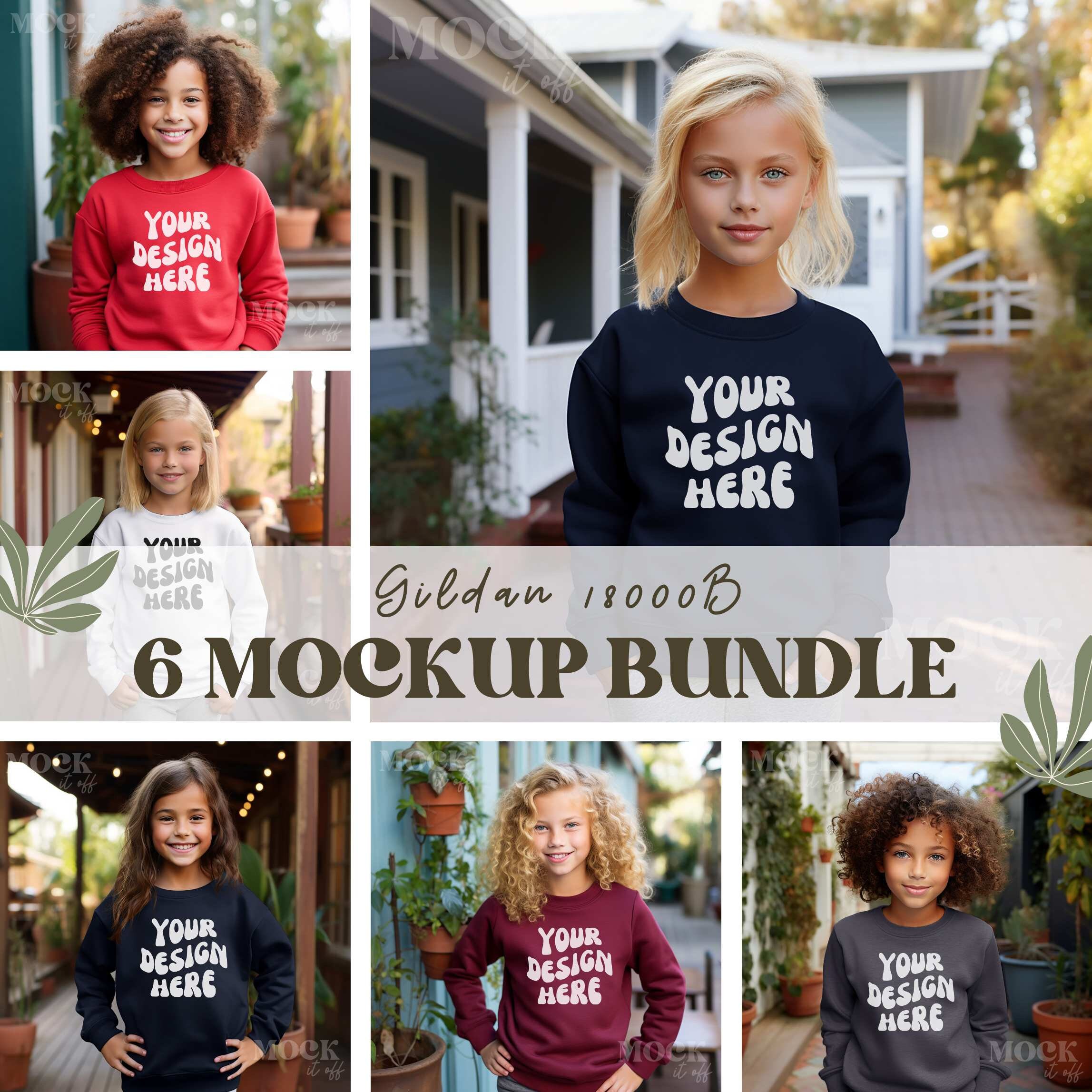 Kids Sweatshirt Mockup Bundel, Gildan 18000B Sweatshirt Mockup Bundel, Kinder Gildan Sweatshirt Bundel, Jongen & Meisje Boho Greenery Bundel