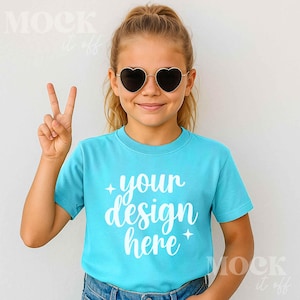 Kids Mockup, Blue Lagoon Comfort Colors 9018 Youth Midweight Tee Mockup, Children&#39;s Blue Lagoon T-shirt Mockup Trendy, Girls Summer Mockup