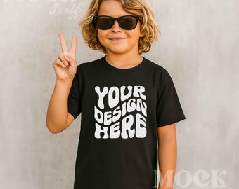 Boy Mockup, Black Gildan 5000B TShirt Mockup, Gildan Boys Tshirt Mockup, Trendy Children's Outside Aesthetic, Kids Black Gildan Tee Mockup