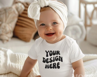 Girl Baby Mockup, Gerber Childrenswear 6516A White Baby Short Sleeve Onesie®, White Bodysuit Baby Mock, Cute Baby Indoor Boho Lifestyle Mock