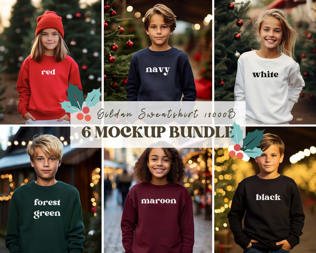 Kids Christmas Mockup Bundle, Gildan 18000B Sweatshirt Mockup Bundle ...