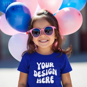 Birthday Girl with Balloons Mockup, True Royal Bella Canvas 3001Y TShirt Mock, Children&#39;s Blue Tshirt, Young Girly Mock, Kid Lifestyle Model