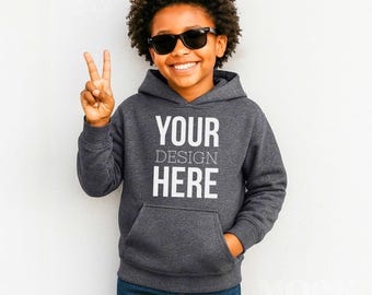 Boys Dark Heather Gildan 18500B Gildan Hooded Sweatshirt Youth Mockup, POC Children's Diverse Inclusive Black Kids Mockup, Cool Boy Mockup