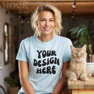 Cat Mockup, Light Blue Bella Canvas 3001 TShirt Mockup, Cat Mom, Pet Lover Women&#39;s Light Blue T-shirt Mockup, Blonde Model Mock, Boho Indoor