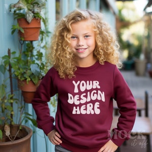 Kids Mockup, Maroon Gildan 18000B Sweatshirt Mockup, Children&#39;s Maroon Gildan Sweatshirt Mock, Young Girl Mockup, Girl Boho Greenery Mockup