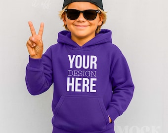 Boy Purple Gildan Youth Hooded Sweatshirt Mockup, Purple Gildan 18500B Hoodie Mockup, Cool Boy Hoodie Children's Boho Hoodie Mockup