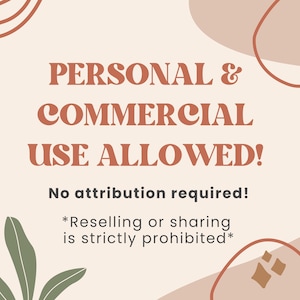 Op de afbeelding: Een beige achtergrond met bruine abstracte vormen en groene bladeren. De tekst "PERSONAL & COMMERCIAL USE ALLOWED! No attribution required! *Reselling or sharing is strictly prohibited*" is geschreven in bruine tekst.