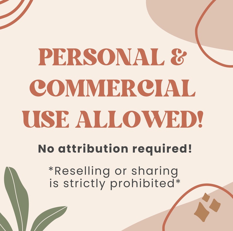 Op de afbeelding: Een beige achtergrond met bruine abstracte vormen en groene bladeren. De tekst "PERSONAL & COMMERCIAL USE ALLOWED! No attribution required! *Reselling or sharing is strictly prohibited*" is geschreven in bruine tekst.