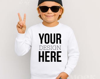 Boy White Sweatshirt Mockup, White Gildan 18000B Sweatshirt Mock, Trendy Children's White Gildan Sweatshirt Mockup, Cool Boy Youth Mockup