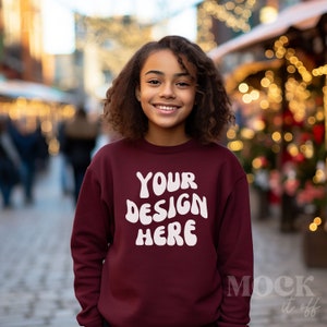 Kids Christmas Mockup, Maroon Gildan 18000B Sweatshirt Mockup, Youth Maroon Gildan Crewneck Mock, Young Girl Christmas German Market Lights