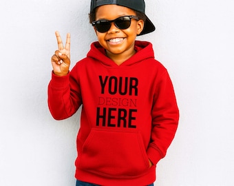 Boys Red Gildan 18500B Youth Hooded Sweatshirt Mockup, African American Hoodie Mock, POC Children's Diverse Inclusive Black Boy Hoodie Mock