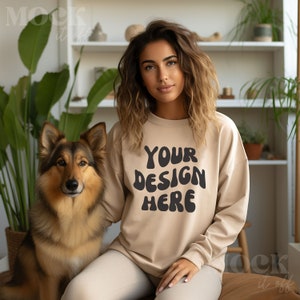 Dog Mockup, Sand Gildan 18000 Sweatshirt Mockup, Women&#39;s Sand Sweatshirt Mockup, Sand Gildan Crewneck, Indoor Boho Dog Mockup, Diverse Mock
