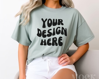 Bay Shirt Mockup, Comfort Colors 1717 Tshirt Mockup, Female Model Bay Comfort Colors, Boho Chic Greenery Lifestyle, Womens Bay C1717 Mockup
