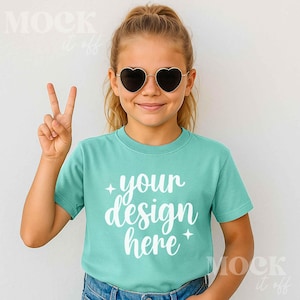 Kids Mockup, Island Reef Comfort Colors 9018 Youth Midweight Tee Mockup, Children&#39;s Island Reef Tshirt Mockup Trendy Boho, Girls Summer Mock