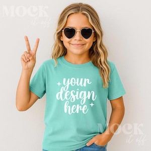 Kids Mockup, Island Reef Comfort Colors 9018 Youth Midweight Tee Mockup, Children&#39;s Island Reef Tshirt Mockup Trendy Boho, Girls Summer Mock