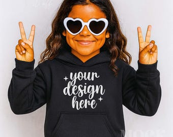 Girls Black Gildan Youth Hooded Sweatshirt Mockup, White POC Children's Diverse Inclusive Black Girl Hoodie Mock, Cool Girl Black Mockup
