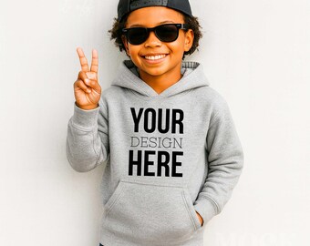 Boys Sport Grey Gildan 18500B Gildan Hooded Sweatshirt Youth Mockup, POC Children's Diverse Inclusive Black Boy Hoodie, Cool Boy Mockup