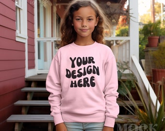 Kids Light Pink Gildan Mockup, Light Pink Gildan 18000B Sweatshirt Mockup, Children's Mockup, Young Girl Mockup, Outside Boho Porch Mockup