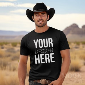 Male Western Mockup, Western Cowboy Mockup, Black Bella Canvas 3001 TShirt Mockup, Mens T-shirt Mockup, Desert Rancher Mockup, Manly Mockup