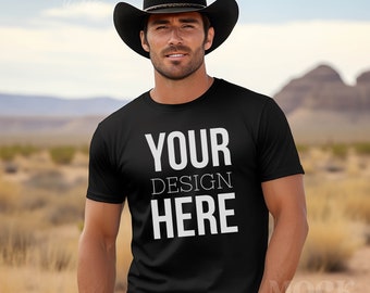 Male Western Mockup, Western Cowboy Mockup, Black Bella Canvas 3001 TShirt Mockup, Mens T-shirt Mockup, Desert Rancher Mockup, Manly Mockup