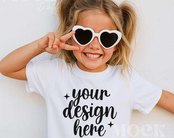 Mädchen Mockup, weißer Komfort Farben 9018 Jugend mittelschwere Kinder T-Shirt Mockup, weißes T-Shirt für Kinder Mockup Trendy Boho, Spaß Cooles Kinder Mockup