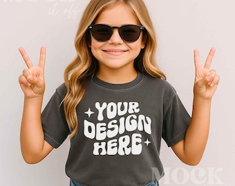Kids Mockup, Pepper Comfort Colors 9018 Youth Midweight Tee Mockup, Children's Pepper Gray T-shirt Mockup Trendy Boho, Girls Summer Mockup
