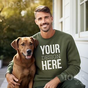 Dog Mockup, Man & Dog Mockup, Military Green Gildan 18000 Sweatshirt Mockup, Military Green Gildan Sweatshirt, Mens Mock, Manly Dog Mockup