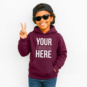 Boys Maroon Gildan 18500B Gildan Hooded Sweatshirt Youth Mockup, POC Children&#39;s Diverse Inclusive Black Boy Hoodie, Cool Boy Maroon Mockup