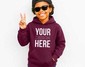 Boys Maroon Gildan 18500B Gildan Hooded Sweatshirt Youth Mockup, POC Children's Diverse Inclusive Black Boy Hoodie, Cool Boy Maroon Mockup