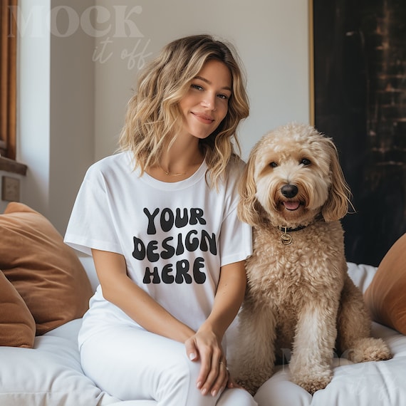 Dog Mom Mockup, Comfort Colors White Tshirt C1717 Mockup, Pet Mockup, White Tshirt Model Mockup, Boho Aesthetic White Shirt Mockup with Dog