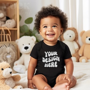 Baby Mockup, Black Rabbit Skins 4424 Infant Fine Jersey Bodysuit Mockup, Black Bodysuit Baby Mockup, Mixed Race Baby Boy Model, Indoor Boho