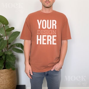Male Mockup, Comfort Colors Yam Mockup, C1717 Trendy Shirt Mockup, Mens Mockup, Orange Tshirt Mockup, Handsome Model, Indoor Studio Greenery