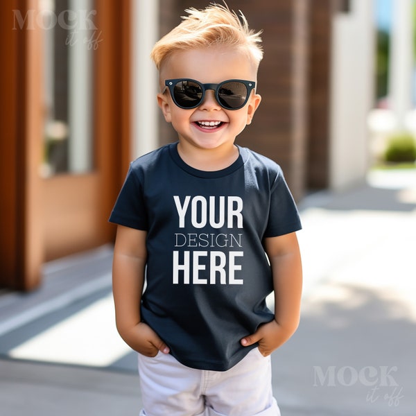 Kids Navy Bella Canvas 3001T Mockup, Boy Navy T-Shirt Mockup, Toddler Boy Summer Mockup, Kids T-Shirt Mock, Boy Tee Mockup Kids Outdoor