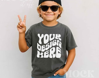 Boy Mockup, Pepper Comfort Colors 9018 Youth Midweight Tee Boys Mockup, Children&#39;s Pepper T-shirt Mockup Trendy, Summer Kids Mockup