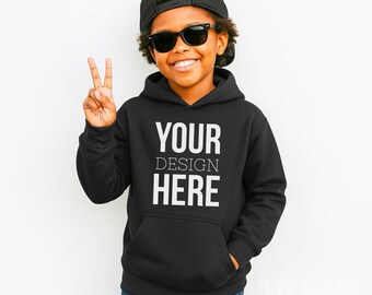 Boys Black Gildan 18500B Gildan Hooded Sweatshirt Youth Mockup, POC Children's Diverse Inclusive Black Boy Hoodie, Cool Boy Black Mockup